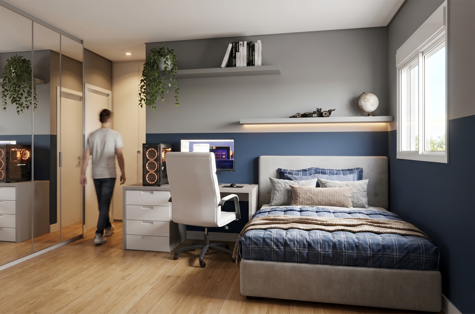 Quarto com parede azul, escrivaninha e cama arrumada — projeto do acervo do Pecan Studio