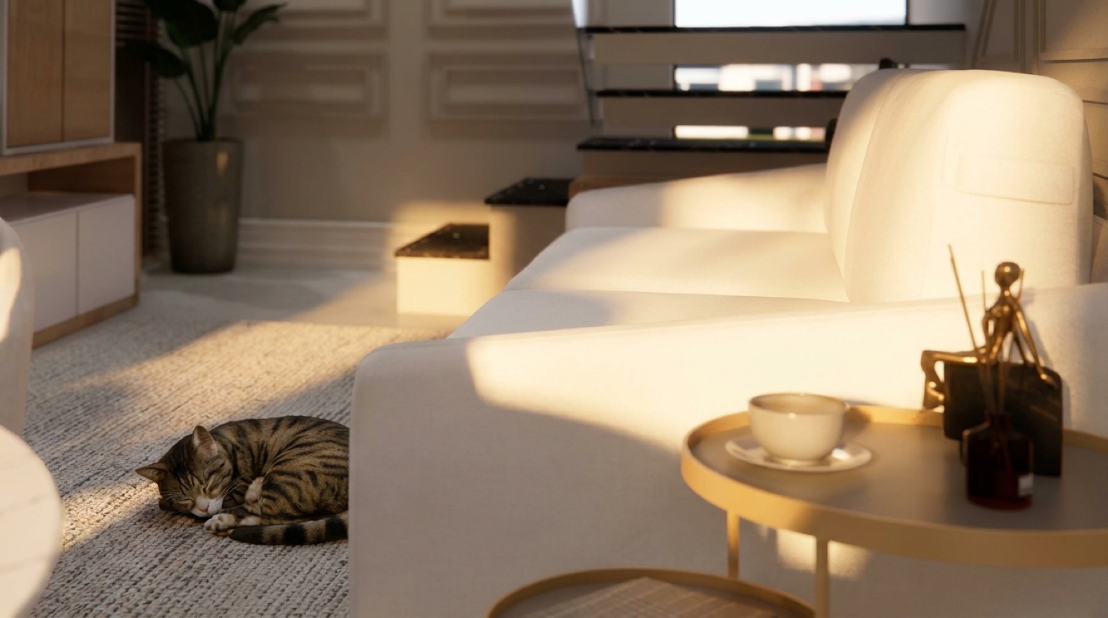 Detalhe de sala em luz quente: sofá claro, bandeja de latão e gato dormindo no tapete — projeto do acervo do Pecan Studio