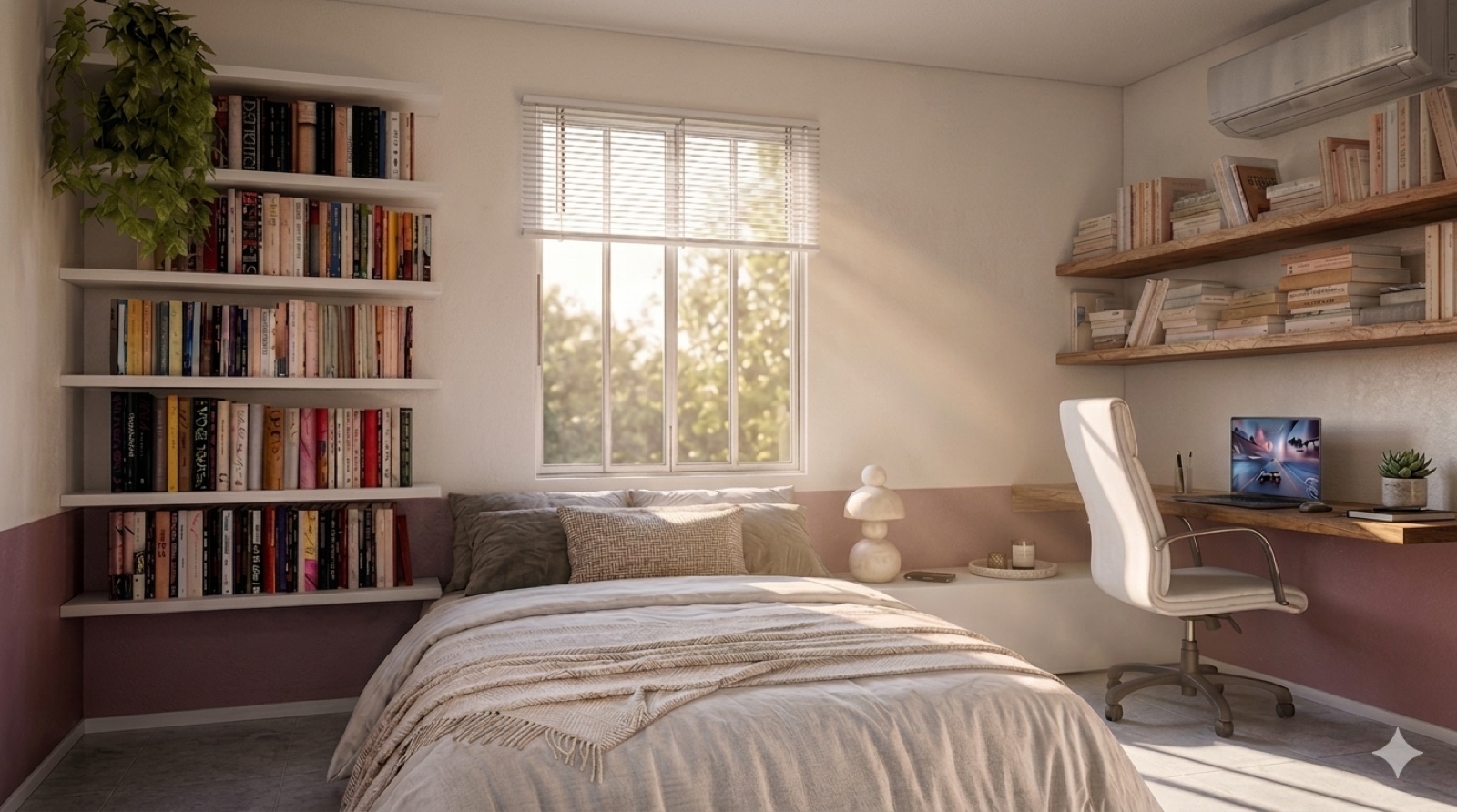 Quarto com meia-parede rosé, estante de livros e bancada de trabalho — projeto do acervo do Pecan Studio