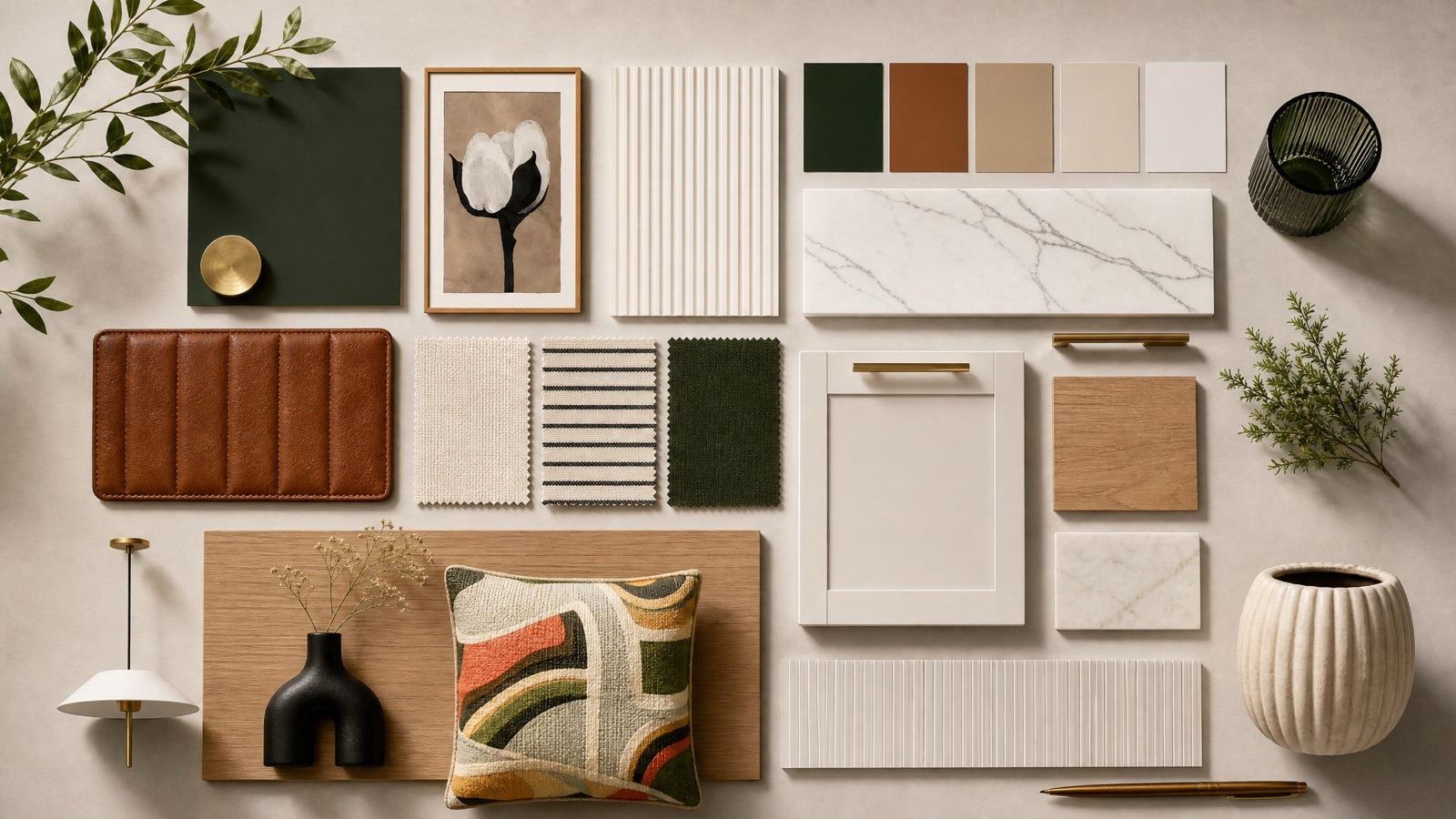 Moodboard real de consultoria do Pecan Studio: amostras de materiais, cores e referências do projeto terroso