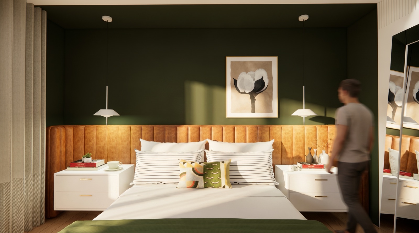 Quarto com parede verde-oliva, cabeceira de couro caramelo e luz natural — projeto do acervo do Pecan Studio